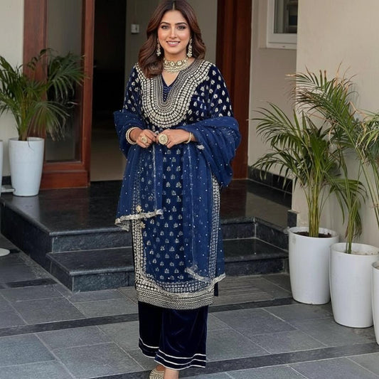 Stylish Blue Two-Tone Velvet Embroidered Suit Set with Palazzo & Dupatta