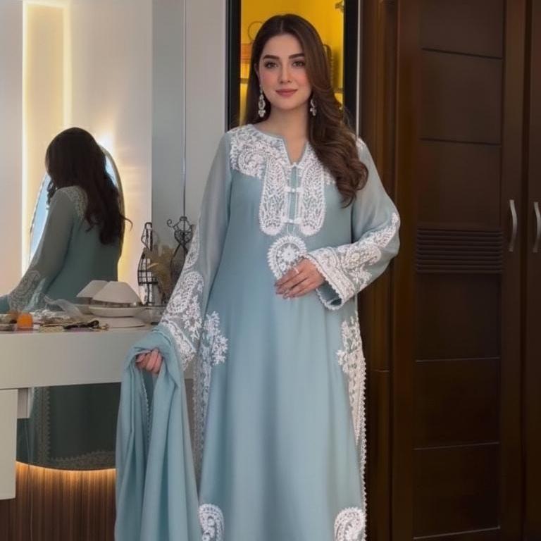 Organza Silk Embroidered Suit Set with Satin Palazzo and Lace Organza Dupatta