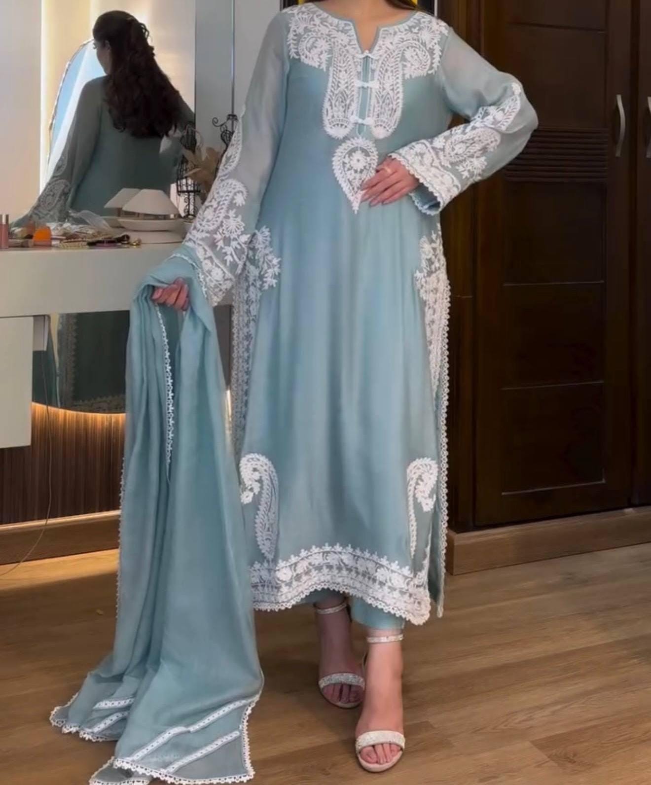 Organza Silk Embroidered Suit Set with Satin Palazzo and Lace Organza Dupatta