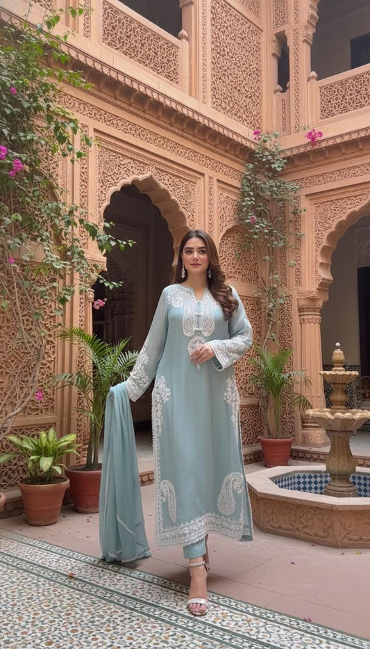 Organza Silk Embroidered Suit Set with Satin Palazzo and Lace Organza Dupatta