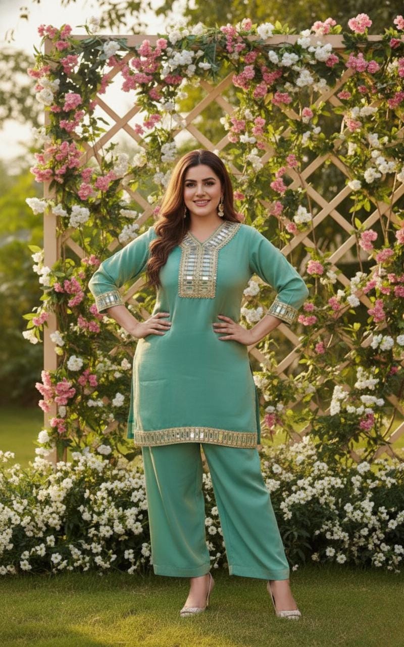 Designer Teal V - Neckline Top & Palazzo With Mirror Work - Festive Wear