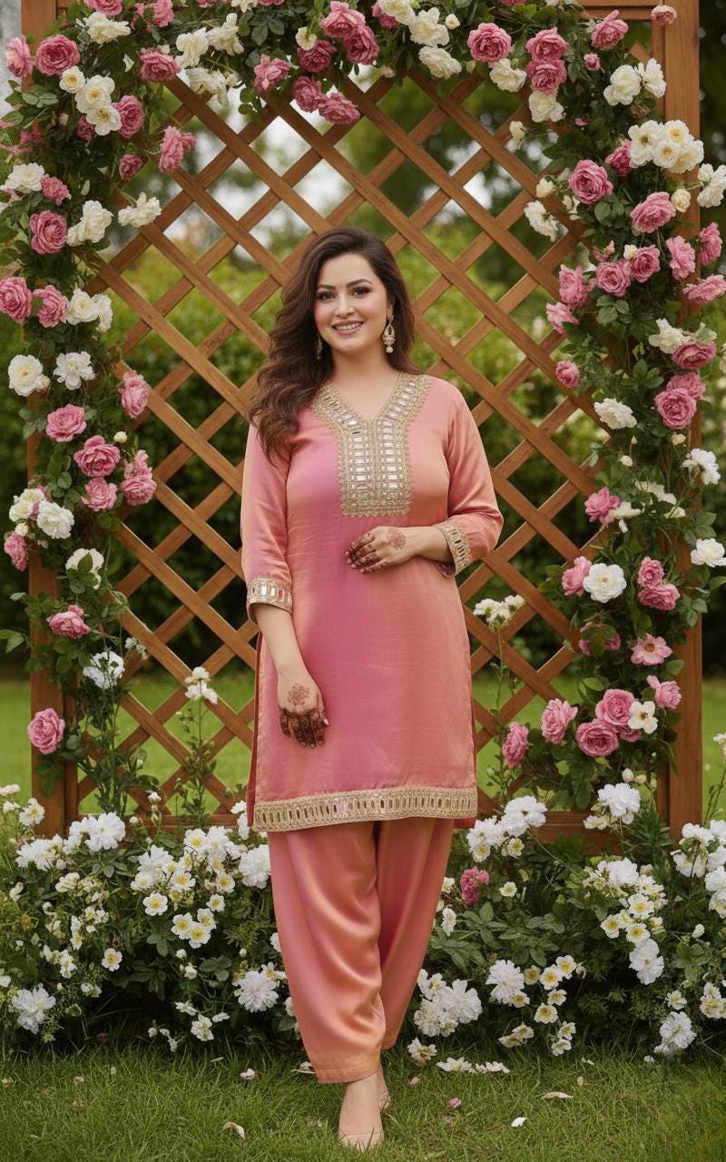 Soft Silk Pink Kurti & Palazzo Set For Women With Real Mirror Work - Designer Suit