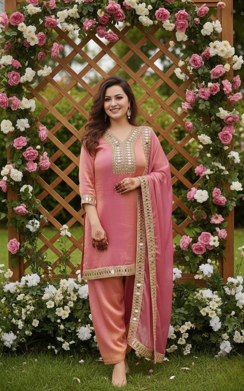 Soft Silk Pink Kurti & Palazzo Set For Women With Real Mirror Work - Designer Suit
