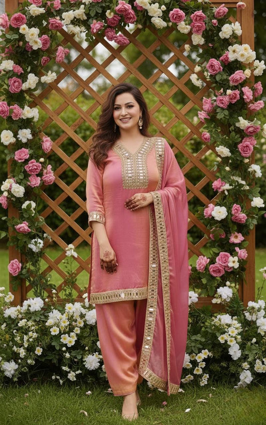 Soft Silk Pink Kurti & Palazzo Set For Women With Real Mirror Work - Designer Suit