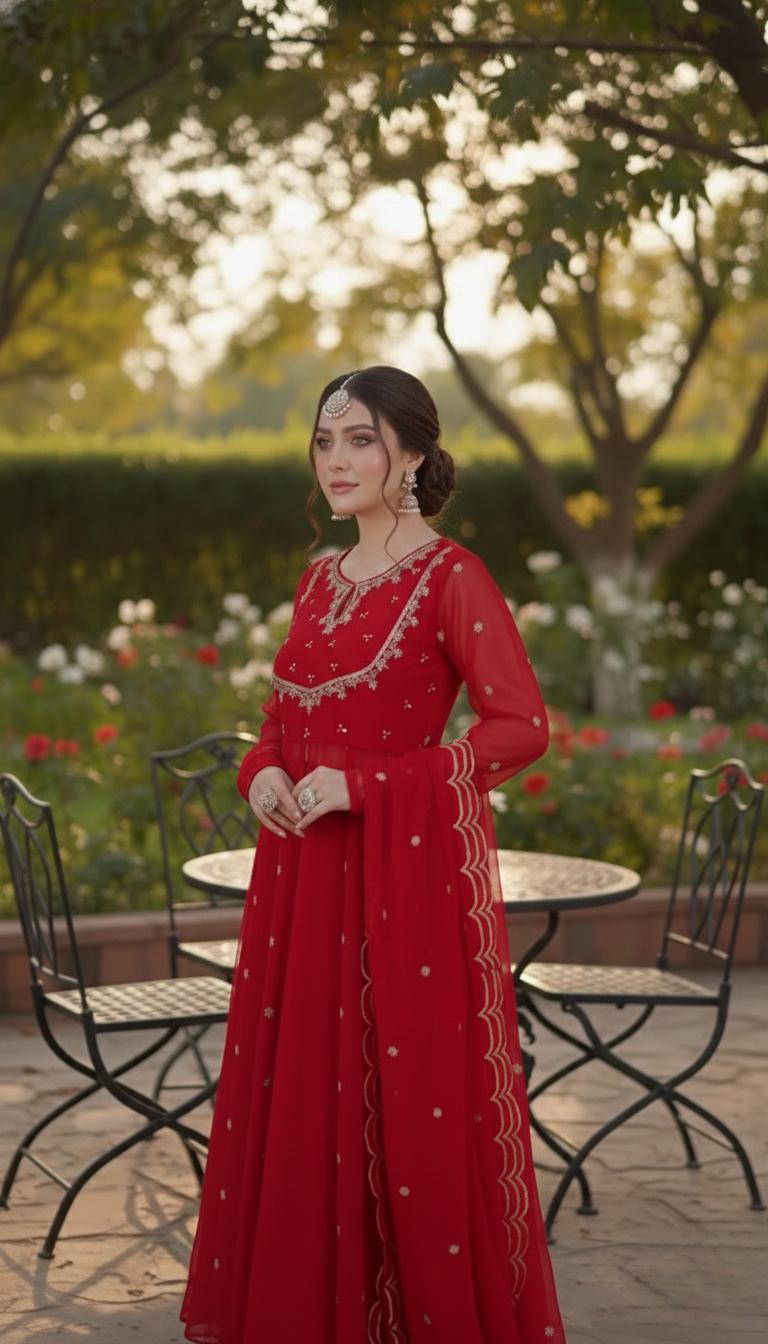 Red Embroidered Georgette Anarkali Suit Set with Dupatta - Pakistani Wedding Gown