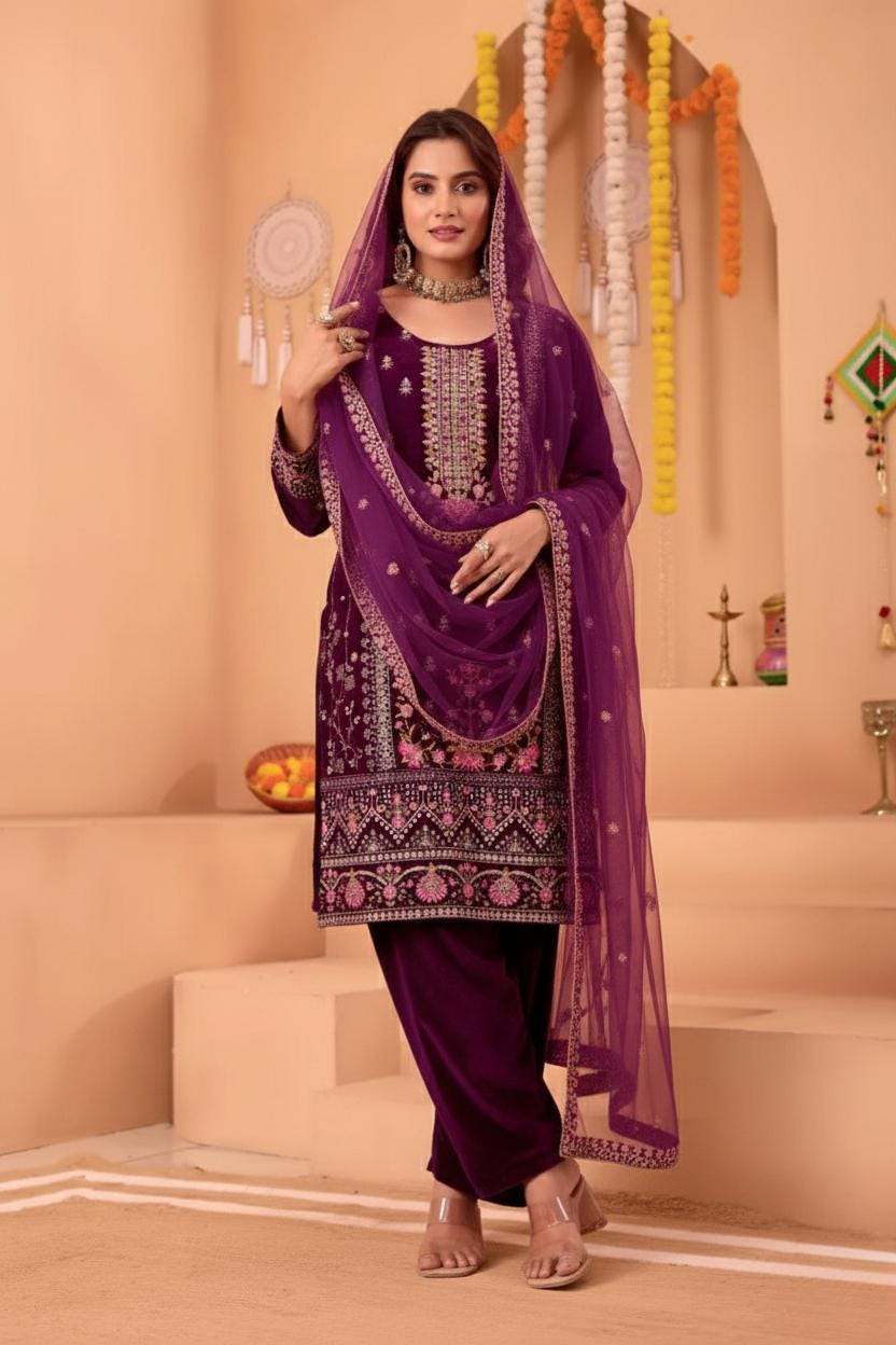 Heavy Viscose Velvet Sequin Embroidered Suit Set with Pant and Dupatta