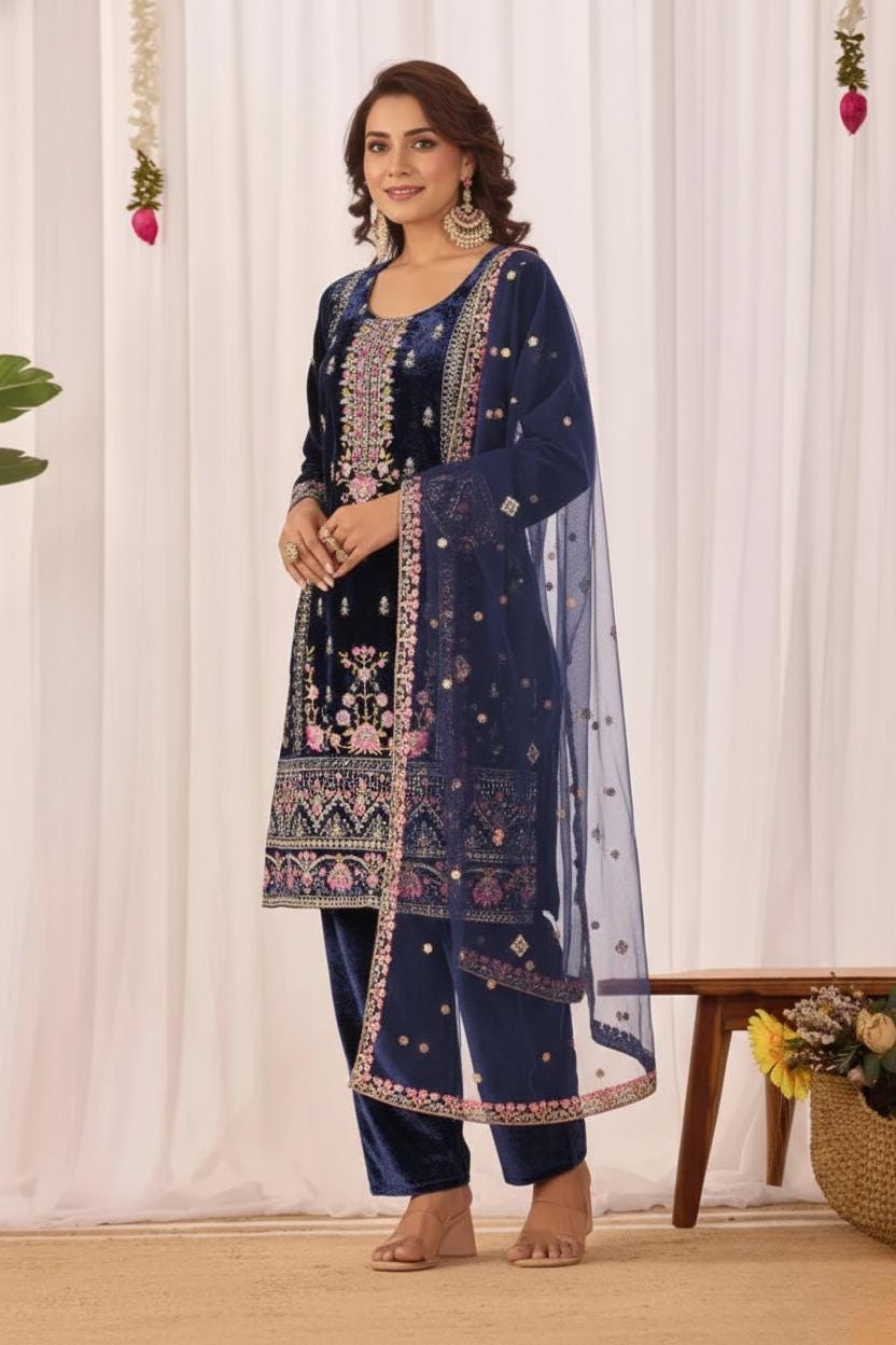Elegant Blue Viscose Velvet Sequin Embroidered Suit with Pant and Festive Dupatta