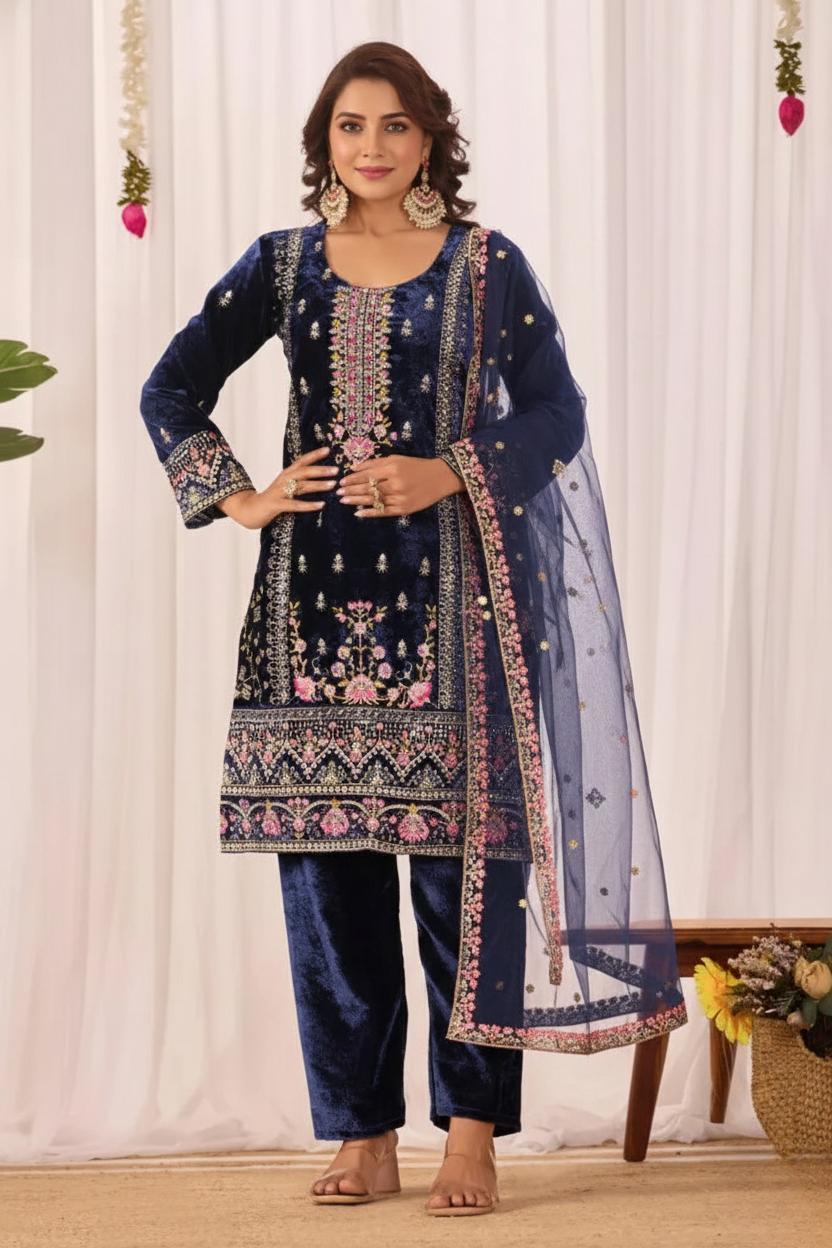 Elegant Blue Viscose Velvet Sequin Embroidered Suit with Pant and Festive Dupatta