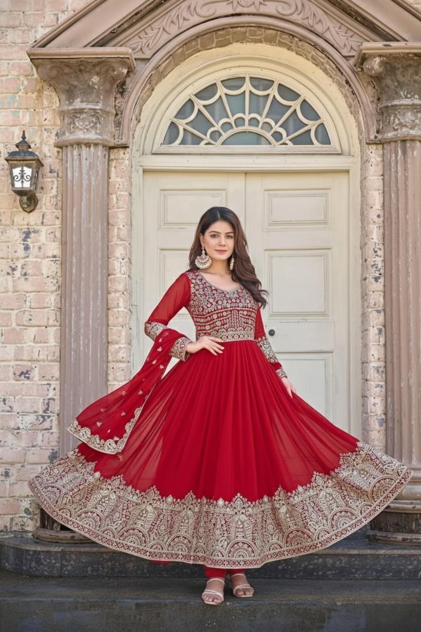 Embroidered Anarkali Gown Set in Heavy Faux Georgette with Dupatta and Chudidar
