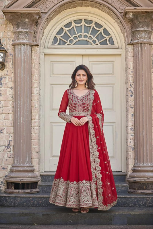 Embroidered Anarkali Gown Set in Heavy Faux Georgette with Dupatta and Chudidar