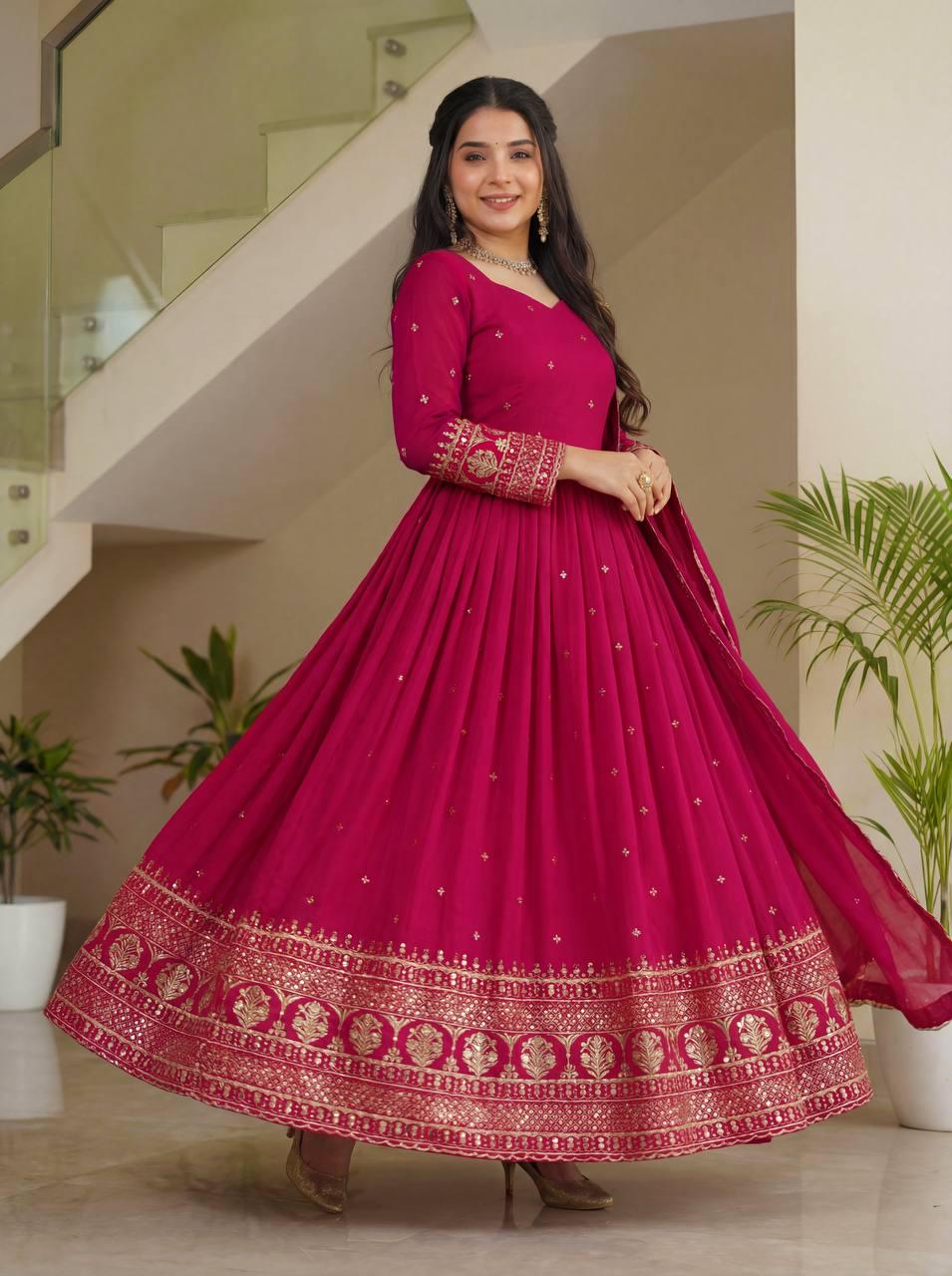 Designer Pink Silk Embroidered Anarkali Suit - Gown For Wedding
