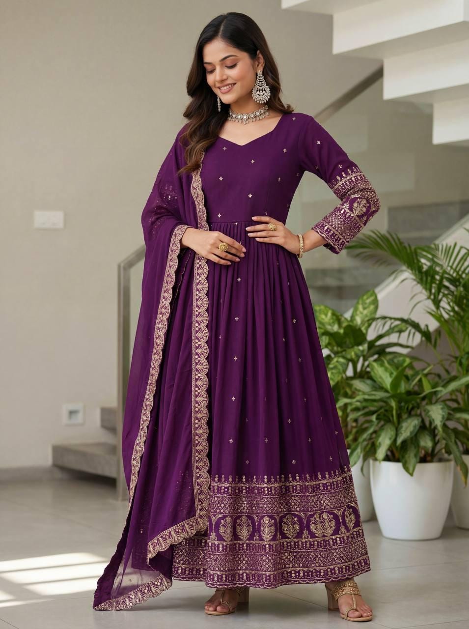 Exclusive Purple Vichitra Silk Embroidered Anarkali Suit - Indian Wedding Gown