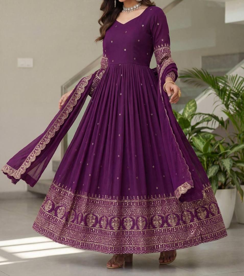 Exclusive Purple Vichitra Silk Embroidered Anarkali Suit - Indian Wedding Gown