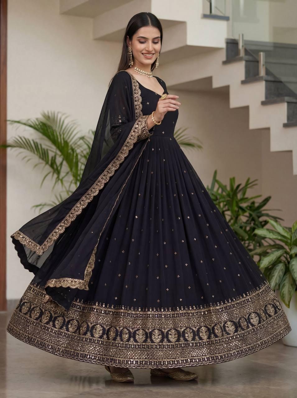 Premium Black Vichitra Silk Embroidered Anarkali Suit - Indian Wedding Wear