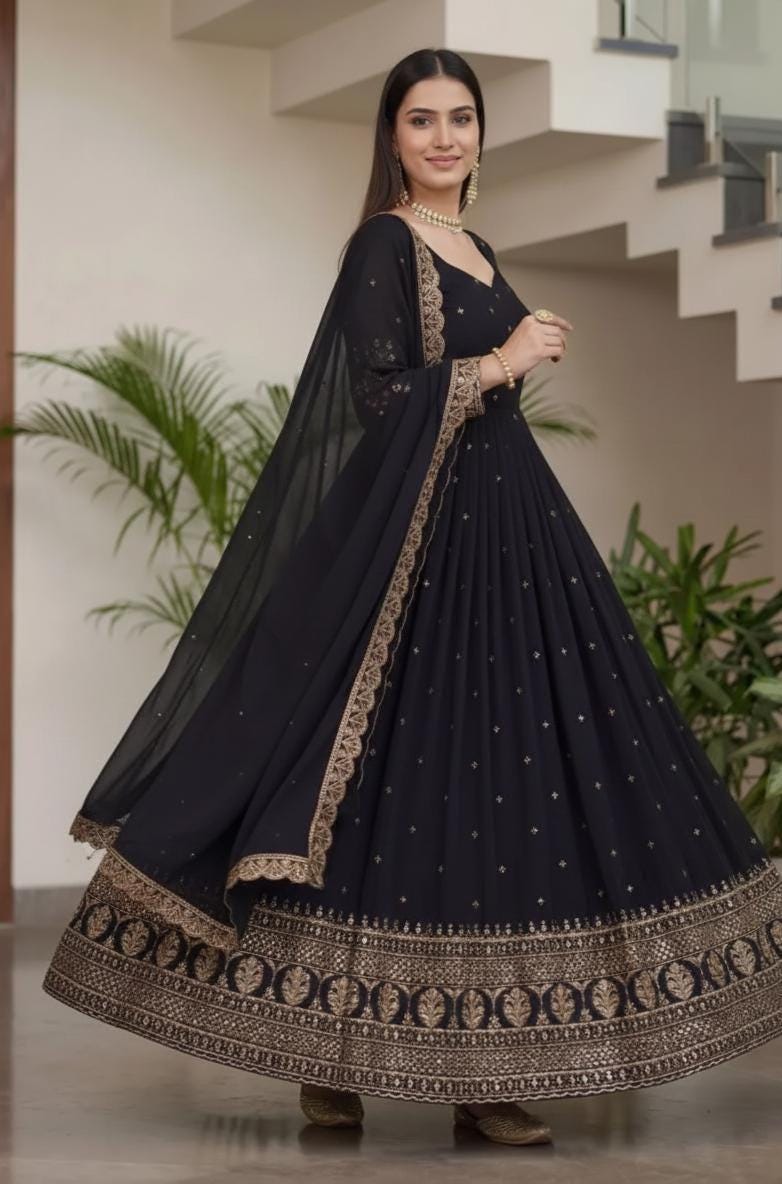 Premium Black Vichitra Silk Embroidered Anarkali Suit - Indian Wedding Wear
