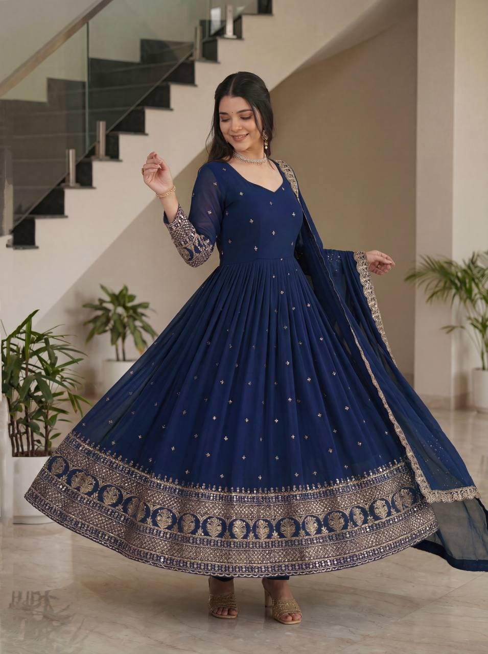 Embroidered Blue Vichitra Silk Anarkali Gown - Indian Wedding Dress