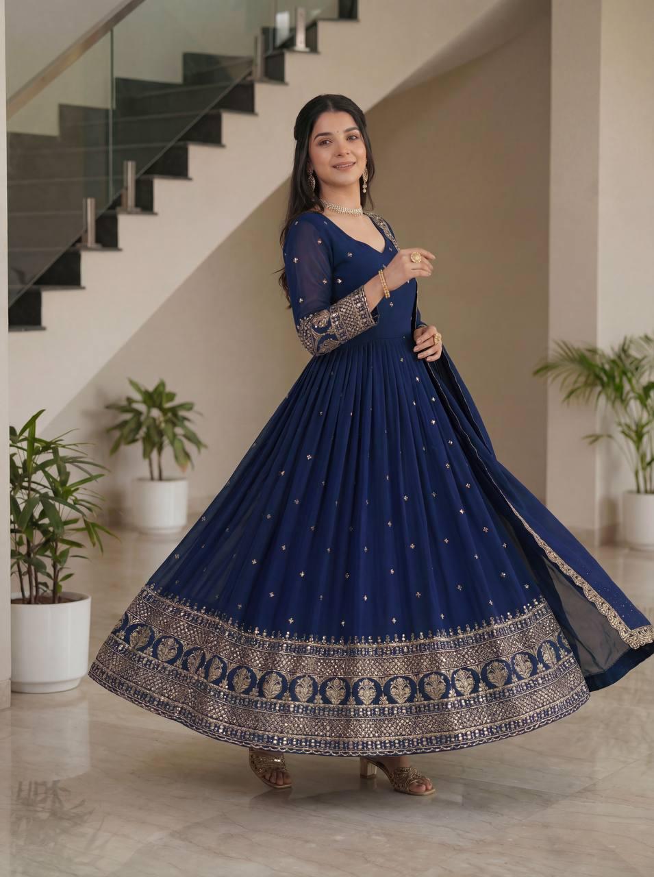 Embroidered Blue Vichitra Silk Anarkali Gown - Indian Wedding Dress