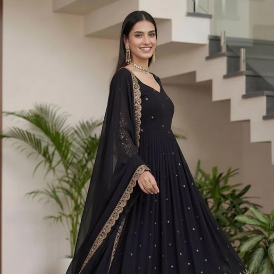 Premium Black Vichitra Silk Embroidered Anarkali Suit - Indian Wedding Wear