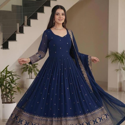Embroidered Blue Vichitra Silk Anarkali Gown - Indian Wedding Dress