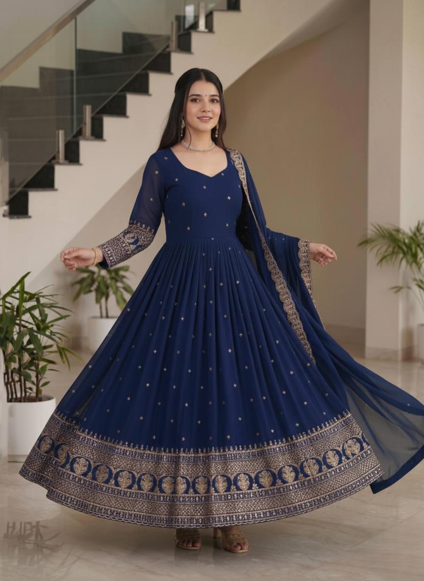 Embroidered Blue Vichitra Silk Anarkali Gown - Indian Wedding Dress