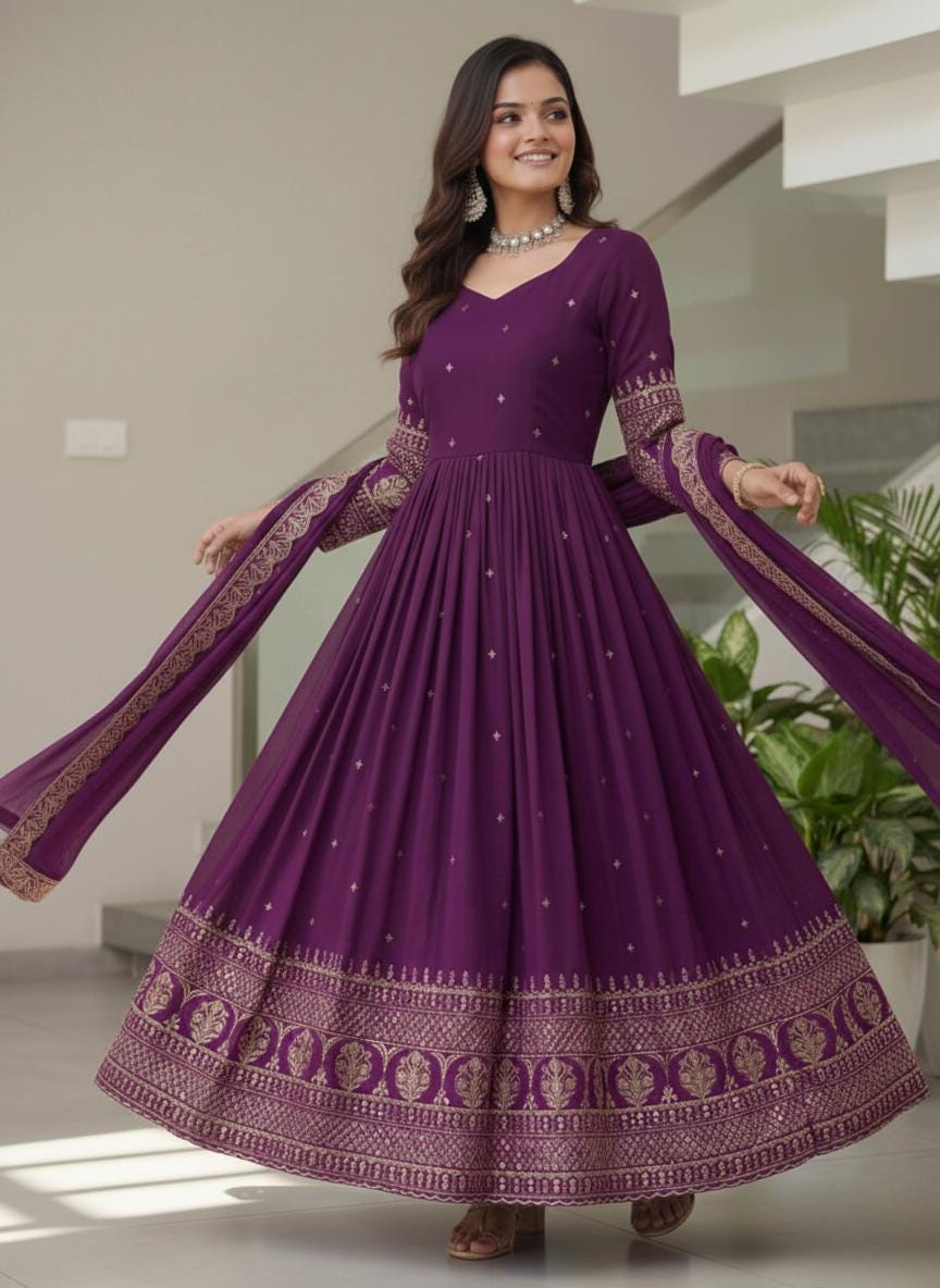 Exclusive Purple Vichitra Silk Embroidered Anarkali Suit - Indian Wedding Gown