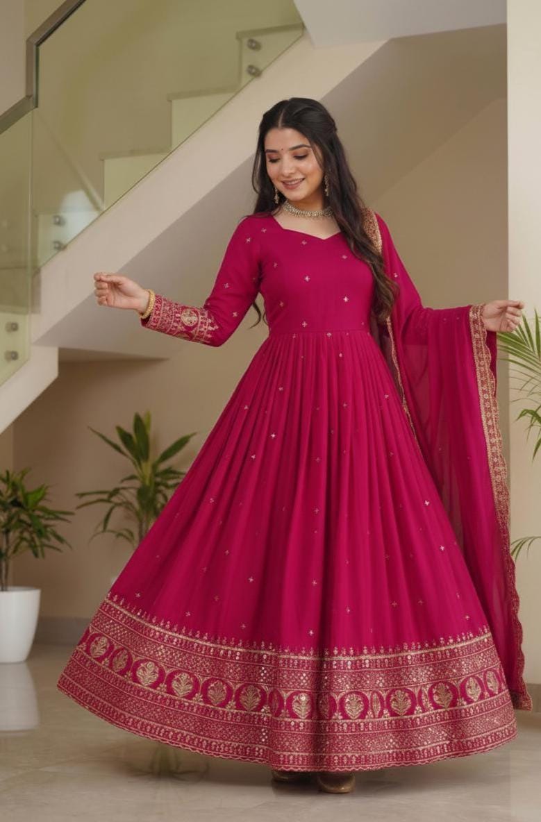 Designer Pink Silk Embroidered Anarkali Suit - Gown For Wedding