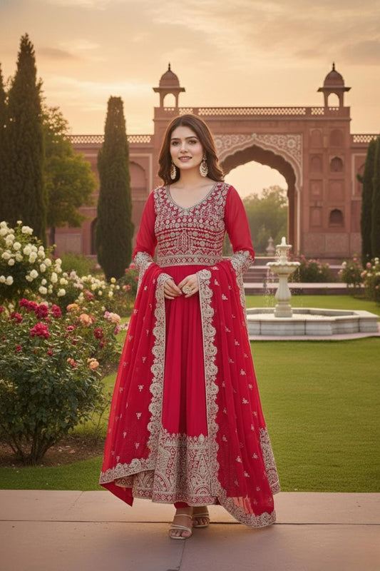 Luxury Hot Pink Faux Georgette Gown Set with Heavy Sequin Embellished Matching Dupatta