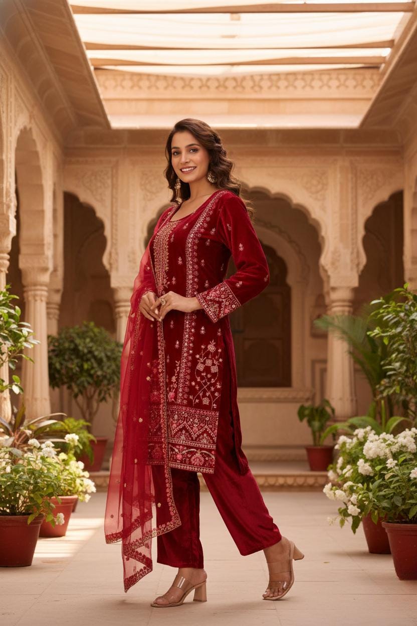 Red Heavy Viscose Velvet Sequin Embroidered Suit Set with Pant and Butterfly Net Dupatta