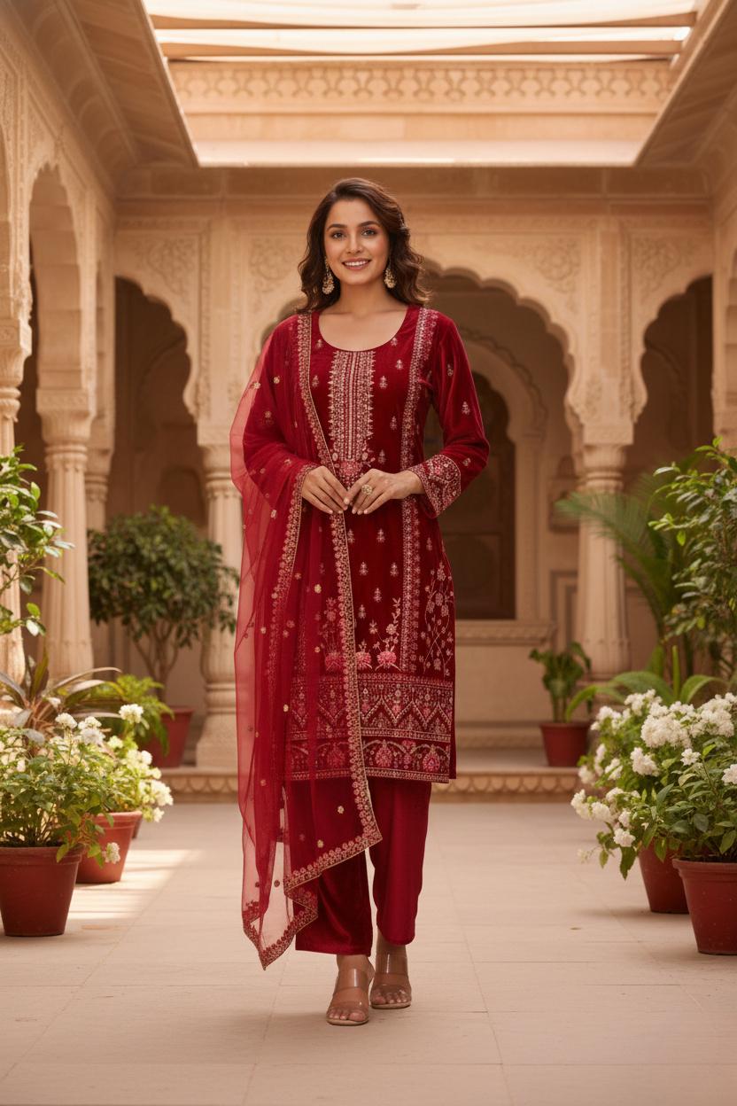 Red Heavy Viscose Velvet Sequin Embroidered Suit Set with Pant and Butterfly Net Dupatta