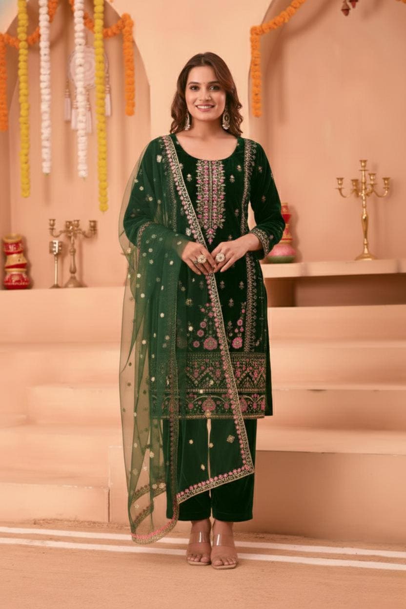 Designer Heavy Viscose Velvet Sequin Embroidered Suit Set with Pant and Butterfly Net Dupatta