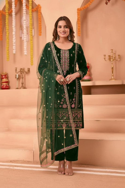 Designer Heavy Viscose Velvet Sequin Embroidered Suit Set with Pant and Butterfly Net Dupatta