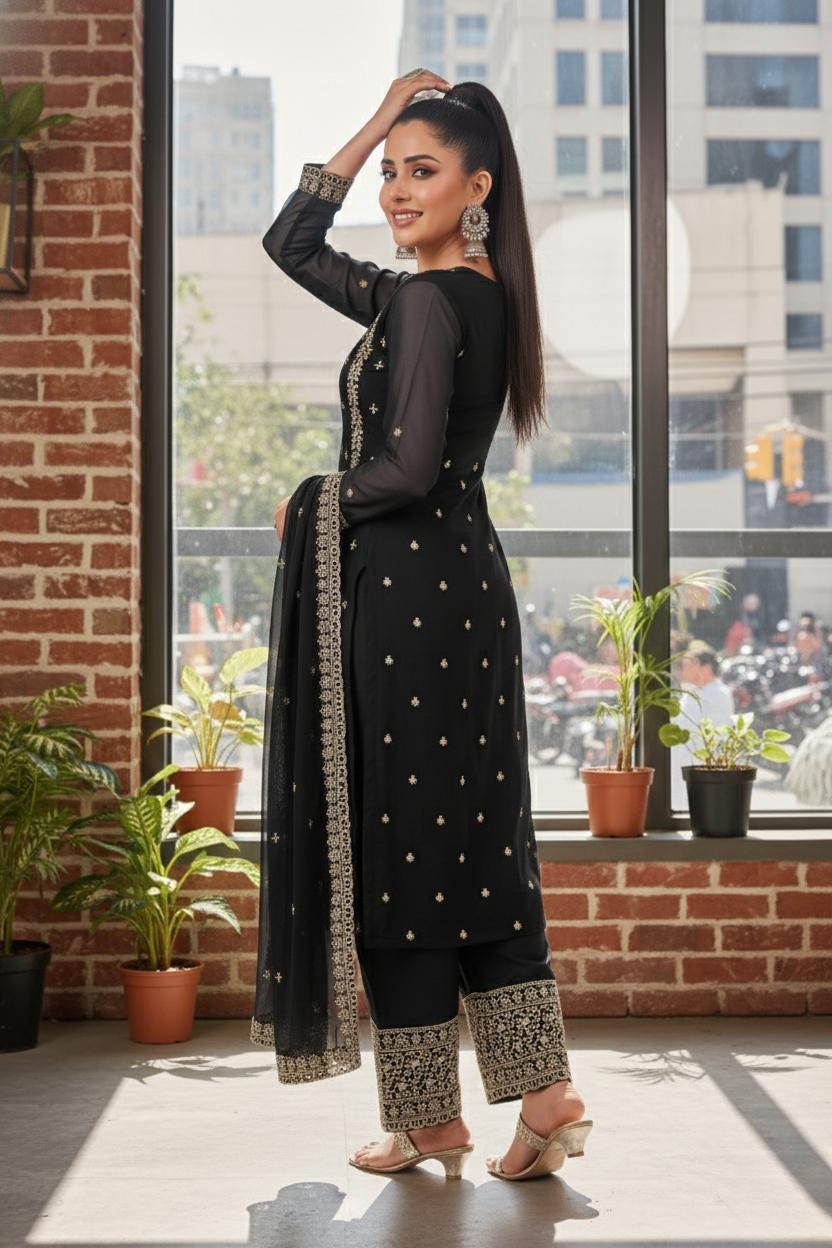 Black Heavy Embroidered Georgette Suit Set with Sequins, Dupatta & Pants