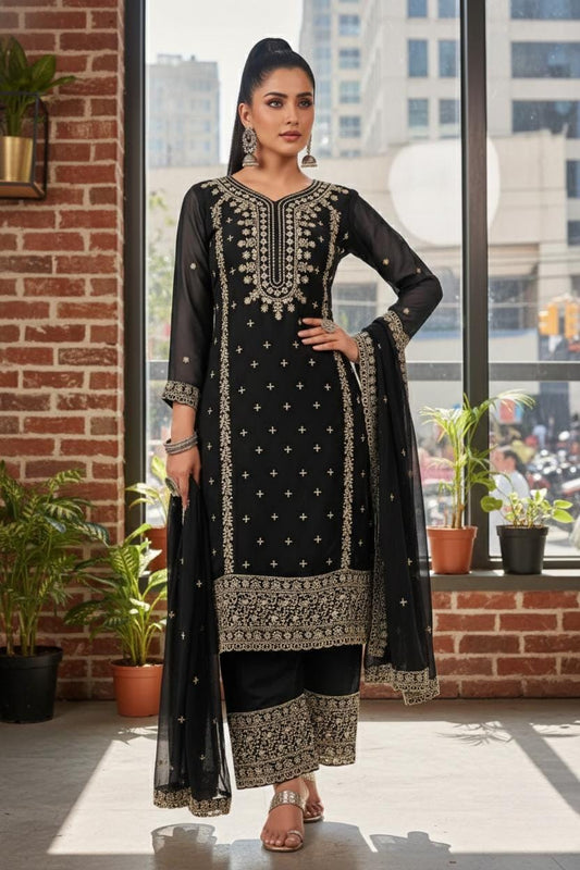 Black Heavy Embroidered Georgette Suit Set with Sequins, Dupatta & Pants