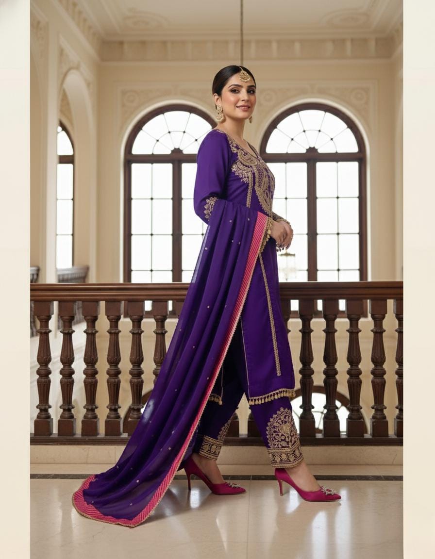 Royal Purple Pakistani Heavy Embroidered Georgette Suit Set with Sequins, Dupatta