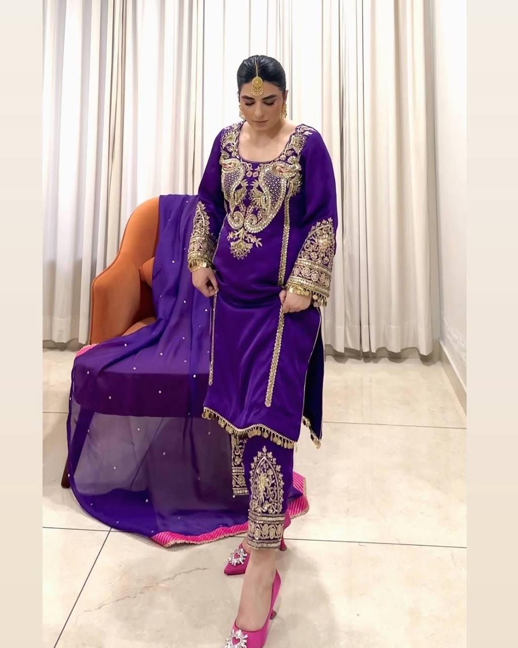 Royal Purple Pakistani Heavy Embroidered Georgette Suit Set with Sequins, Dupatta