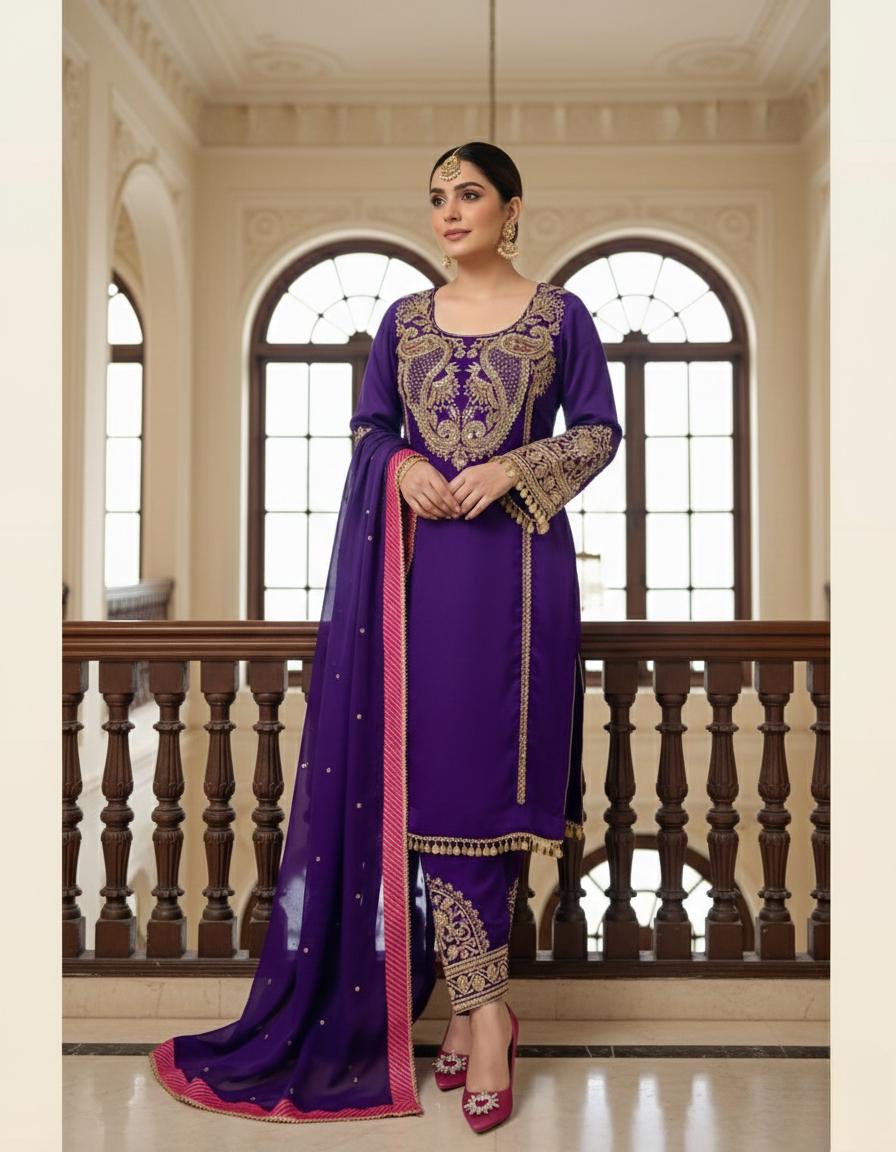 Royal Purple Pakistani Heavy Embroidered Georgette Suit Set with Sequins, Dupatta