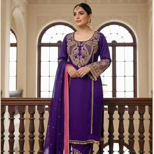 Royal Purple Pakistani Heavy Embroidered Georgette Suit Set with Sequins, Dupatta
