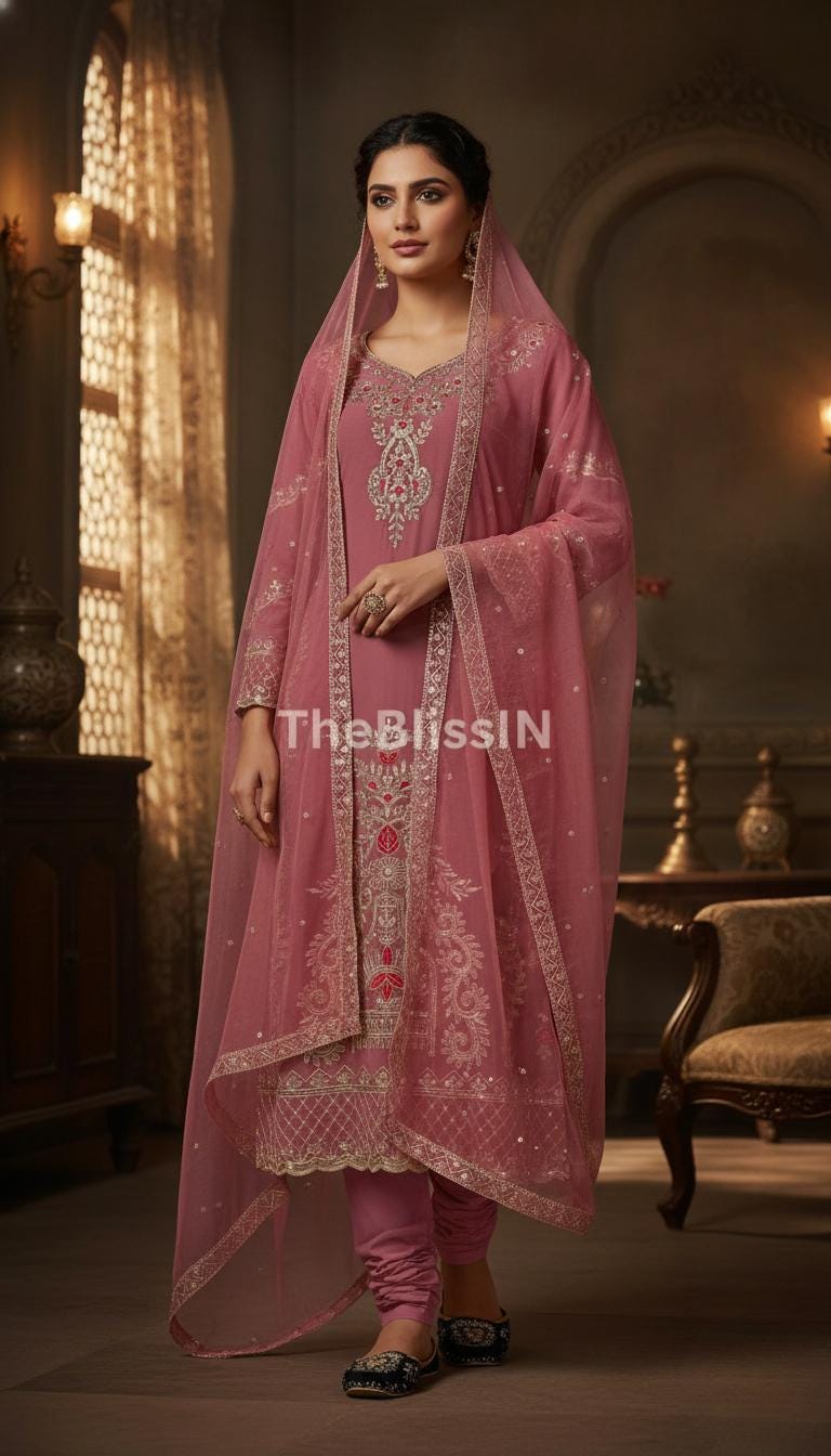 Embroidered Georgette Kurta Suit with Palazzo & Soft Net Dupatta – Festive and Indian Wedding Dress