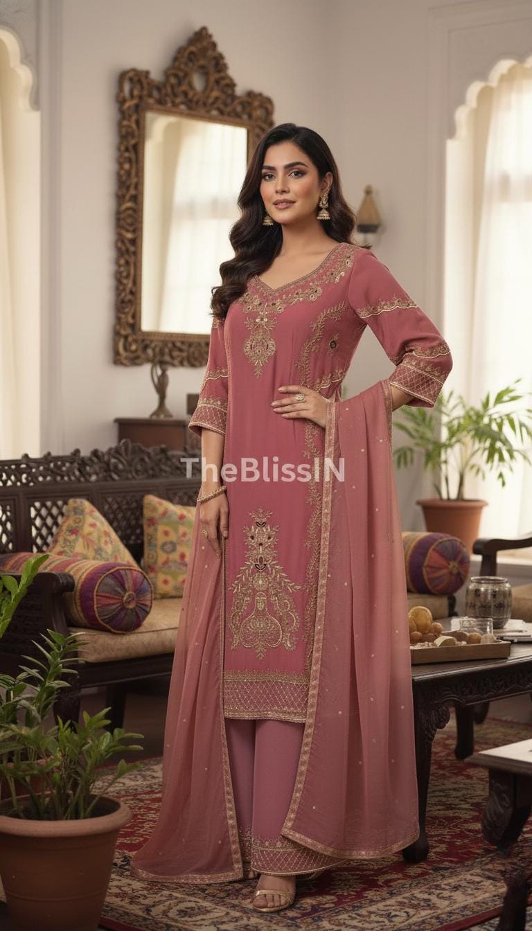 Embroidered Georgette Kurta Suit with Palazzo & Soft Net Dupatta – Festive and Indian Wedding Dress
