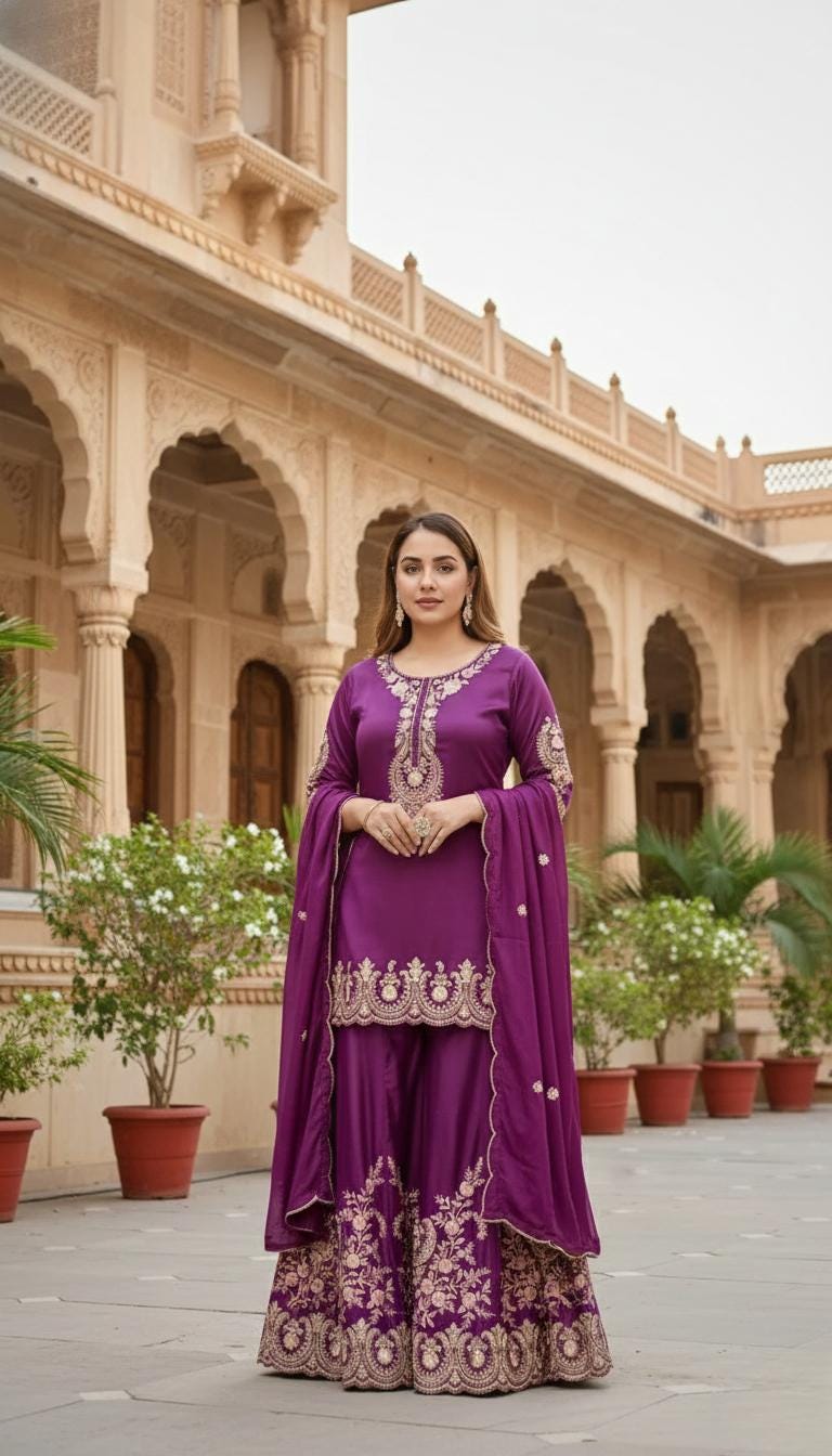 Designer Luxury French Crepe Sharara Suit Set with Embroidered Dupatta for Womens Wear