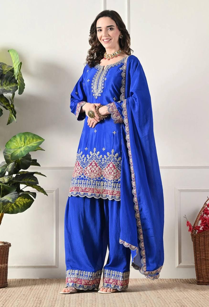 Designer Blue Kurta & Palazzo Suit Set With Matching Dupatta - Farshi Shalwar For Women's
