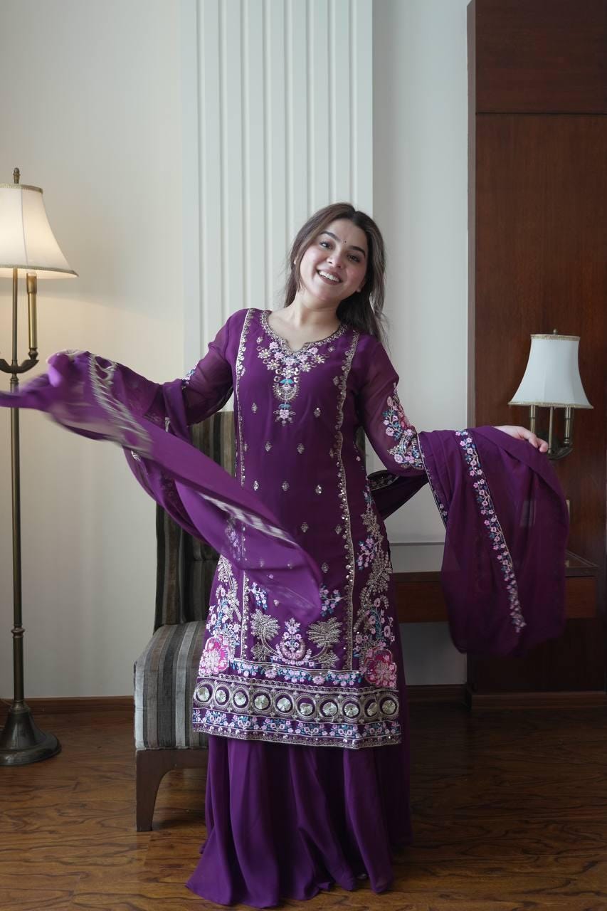Indigo Royale Purple Fox Georgette Kurti Palazzo Set with Sequence Embroidery & Dupatta - Ready To Wear