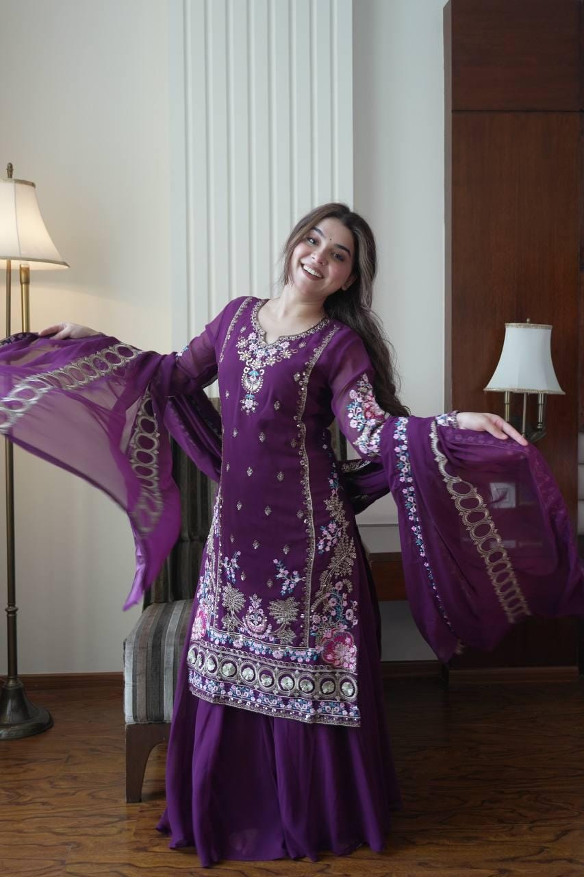 Indigo Royale Purple Fox Georgette Kurti Palazzo Set with Sequence Embroidery & Dupatta - Ready To Wear