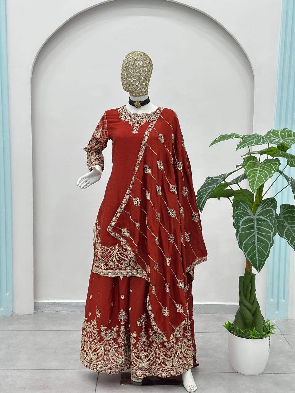 Embroidered Chinon Silk Sharara Suit Set with Dupatta – Suit For Eid
