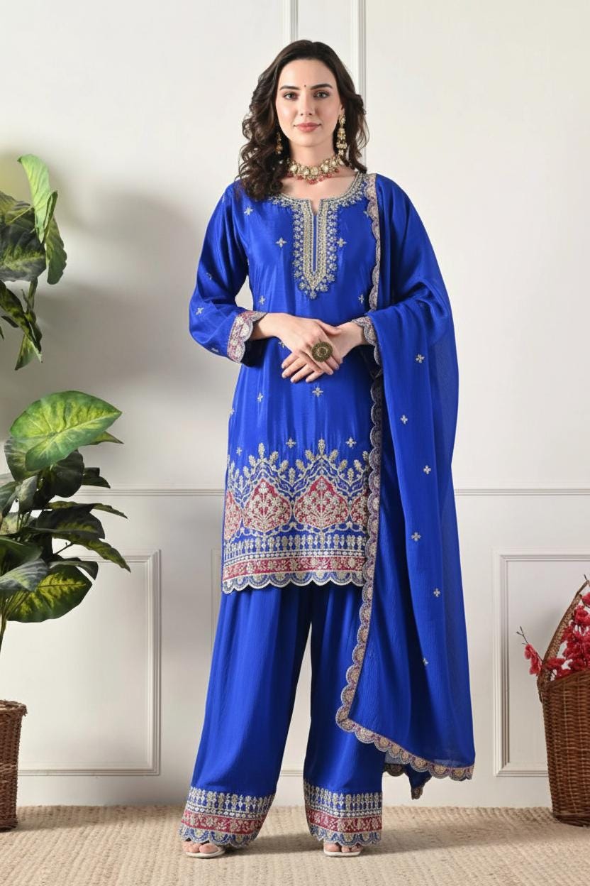 Designer Blue Kurta & Palazzo Suit Set With Matching Dupatta - Farshi Shalwar For Women's