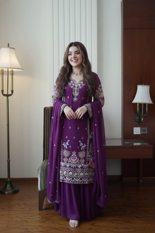 Indigo Royale Purple Fox Georgette Kurti Palazzo Set with Sequence Embroidery & Dupatta - Ready To Wear