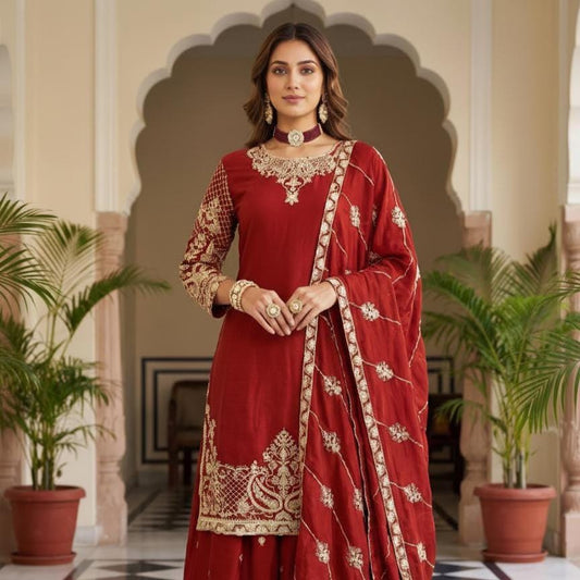 Embroidered Chinon Silk Sharara Suit Set with Dupatta – Suit For Eid