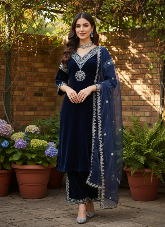 Viscose Velvet Embroidered Sequin Suit Set with Bell Sleeves Palazzo and Organza Dupatta