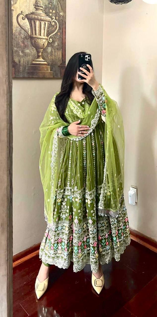 Designer Faux Georgette Anarkali Gown Set | Heavy Zari & Sequin Embroidery Work | Party Wear