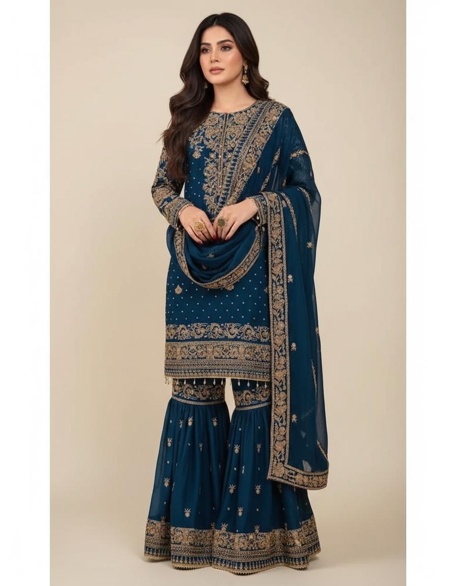 Georgette Kurti Sharara Suit with Elegant Sequin Zari Embroidery Work | Festive Wear